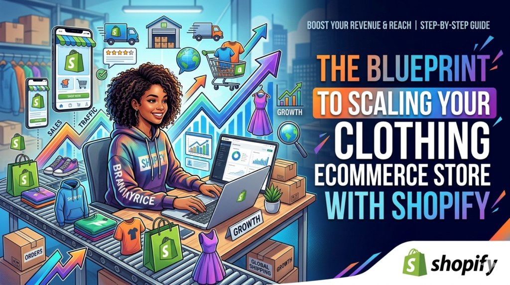 A dynamic e-commerce blog banner featuring a clothing ecommerce store scaling strategy with Shopify.